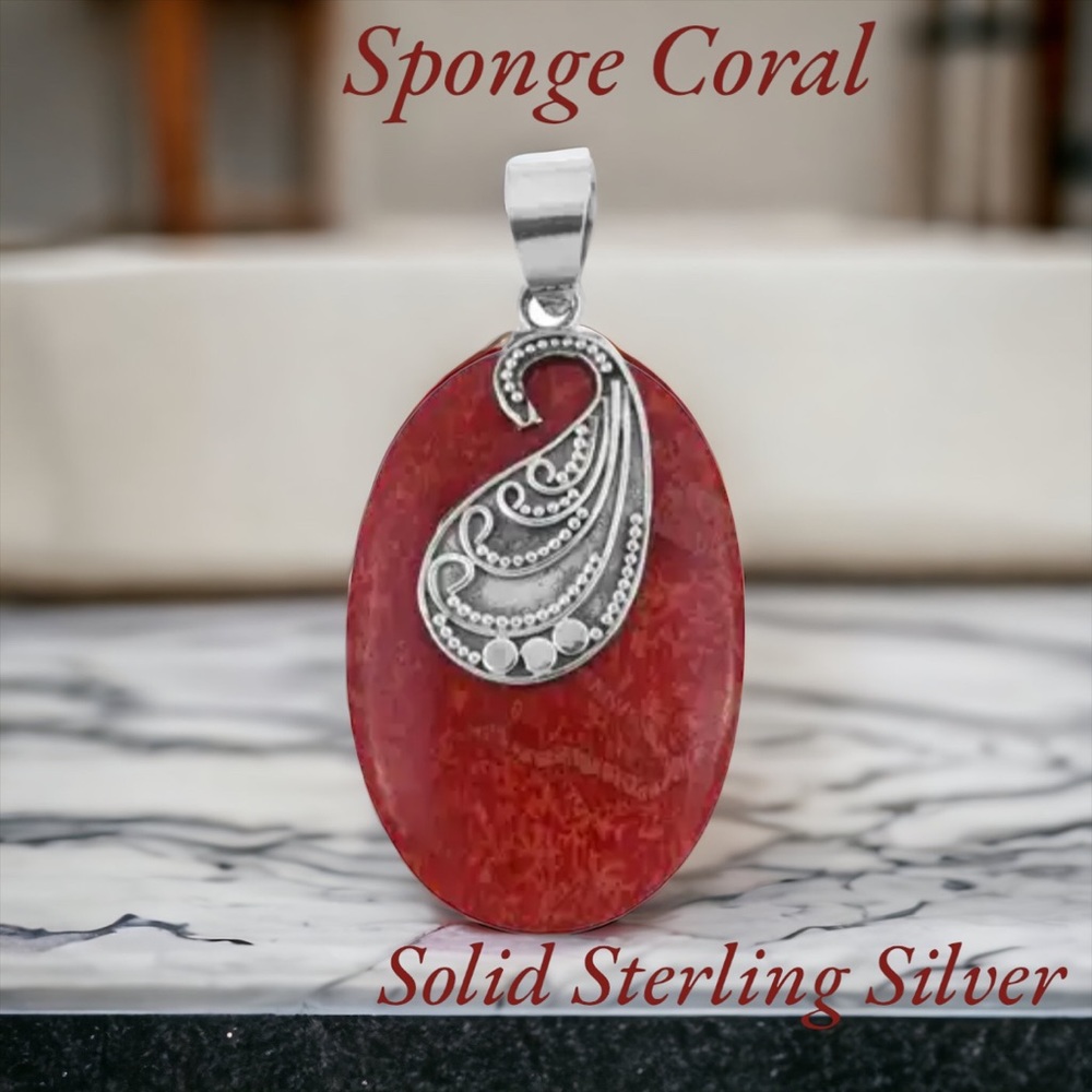 SS#12 Coral Oval Shaped Handcrafted Pendant In Solid Sterling Silver NWOT